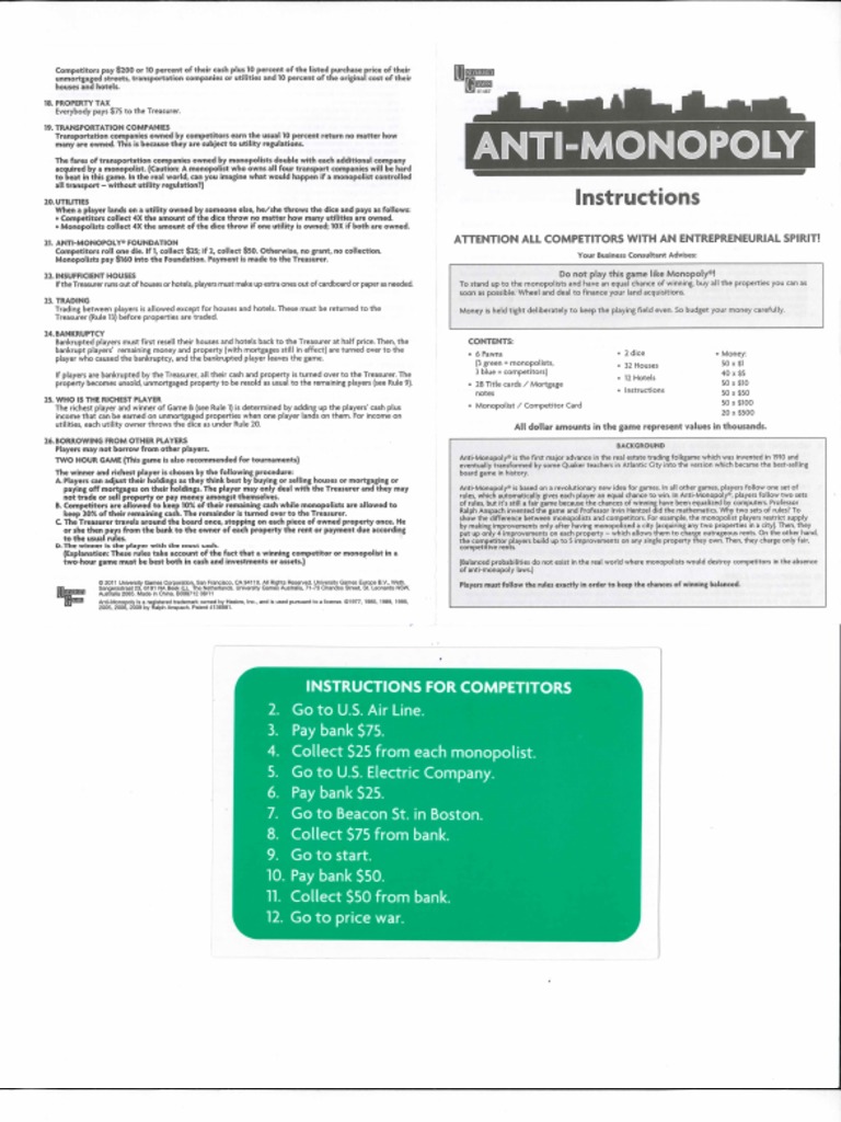 AntiMonopoly Board Game Rules PDF