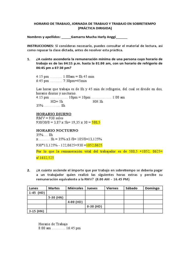 Semana 9 - Horario de Trabajo, Jornada de Trabajo y Trabajo en ...