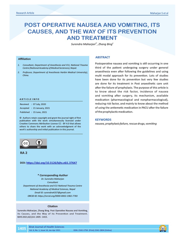 Post Operative Nausea and Vomiting, Its Causes, and The Way of Its ...