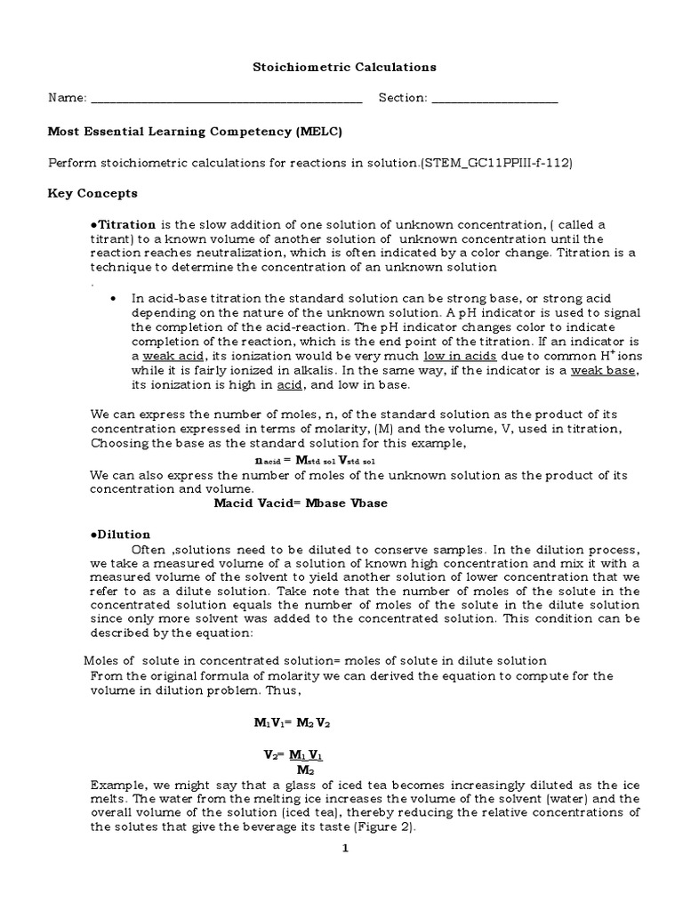 Stoichiometric Calculations PDF Titration Chemistry