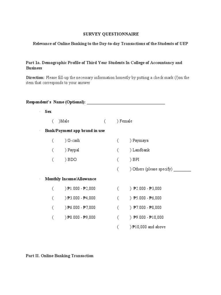SURVEY QUESTIONNAIRE Online Banking PDF Payments Banks & Banking