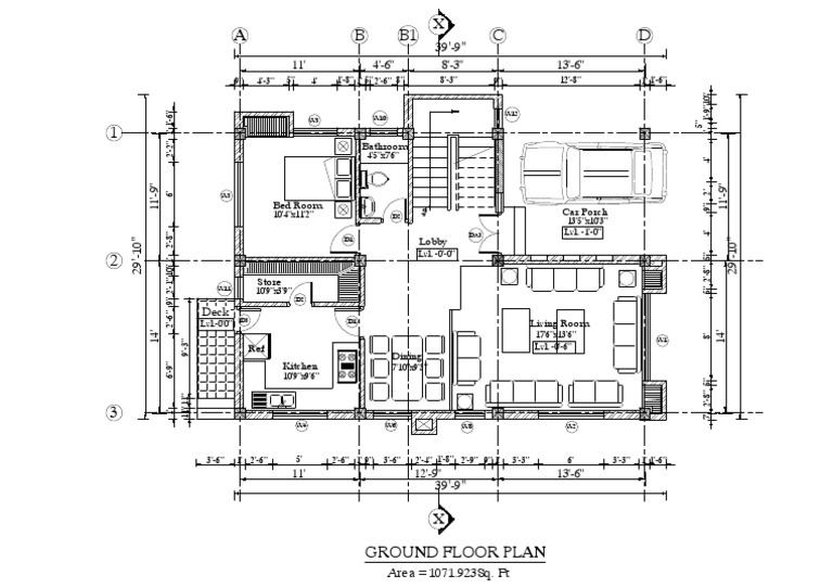 Ground Floor Plan for a Residential Building with Dimensions, Room