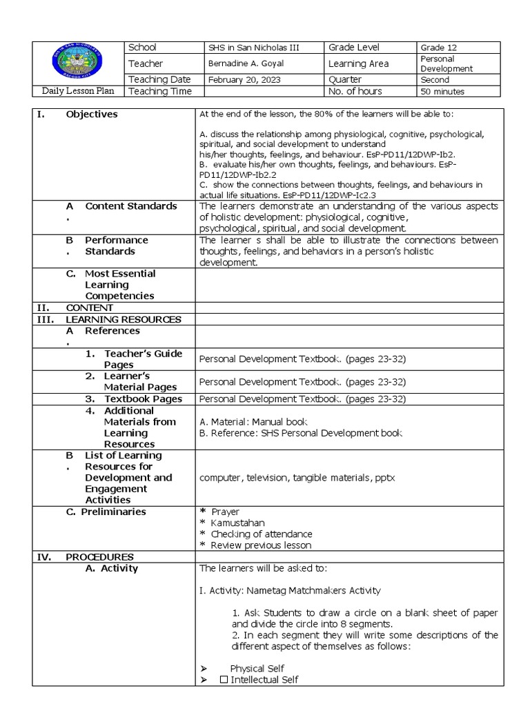 Grade 12 Personal Development Lesson Plan | PDF | Science & Mathematics