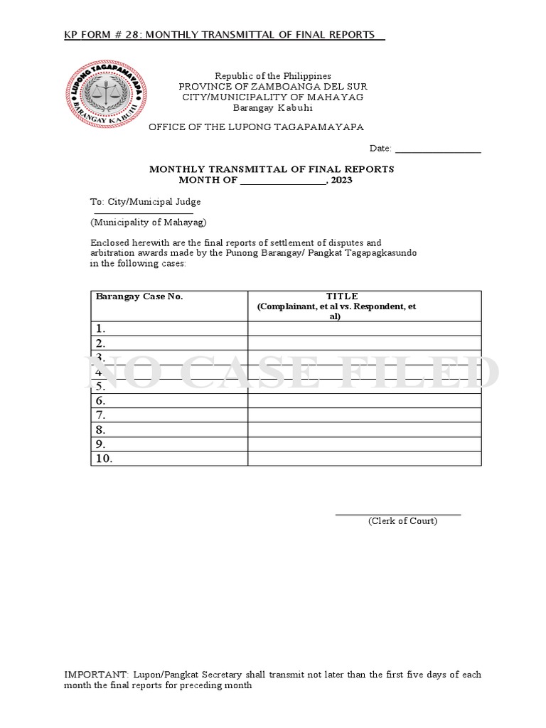KP Form 28 Monthly Transmittal of Final Reports PDF