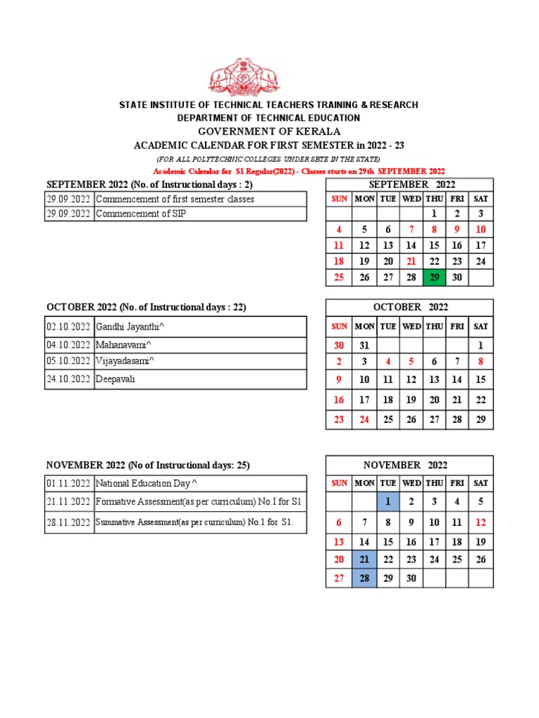 Academic Calendar for the First Semester of Polytechnic Colleges in Kerala for the 20222023