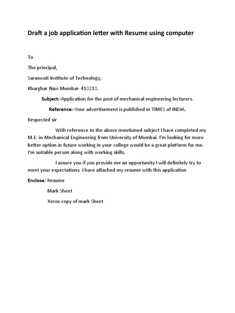 Draft a job application letter with resume using computer bcc pt pdf