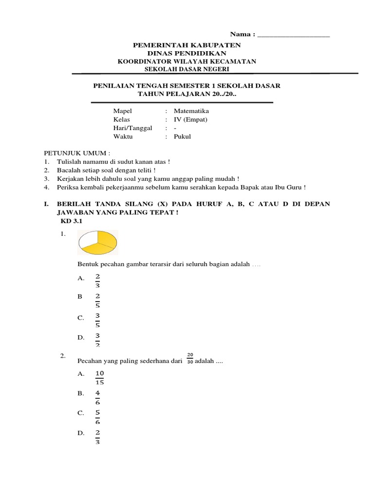 Contoh Soal PTS Matematika Kelas 4 Semester 1 PDF