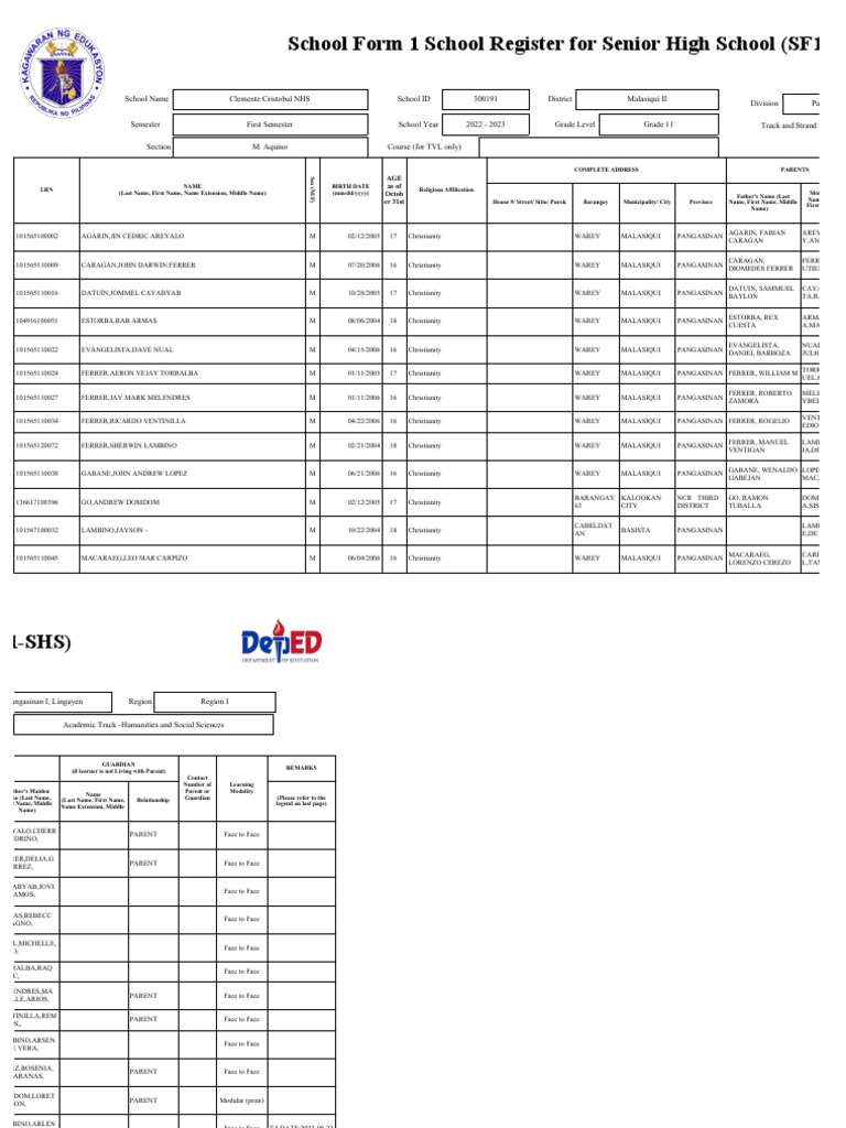 Senior High School Register SF1-SH | PDF