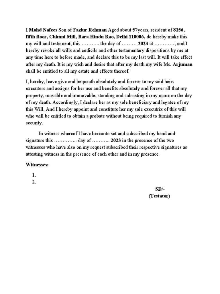 Format of Will | PDF