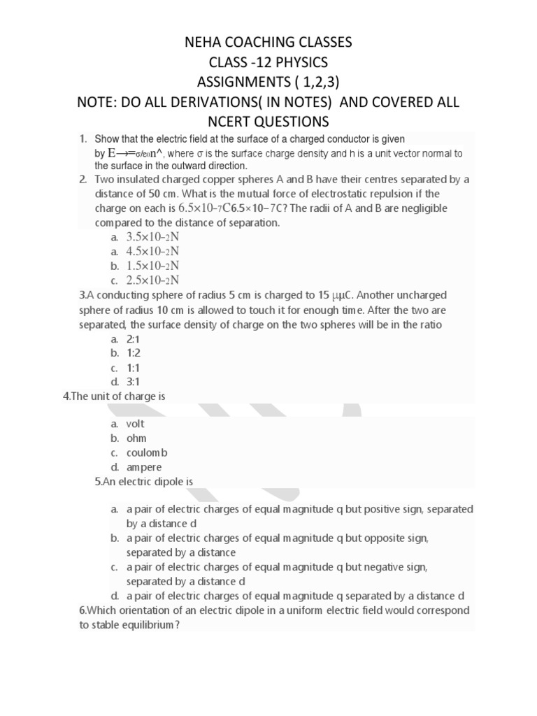 Class 12 Physics Assignments | PDF