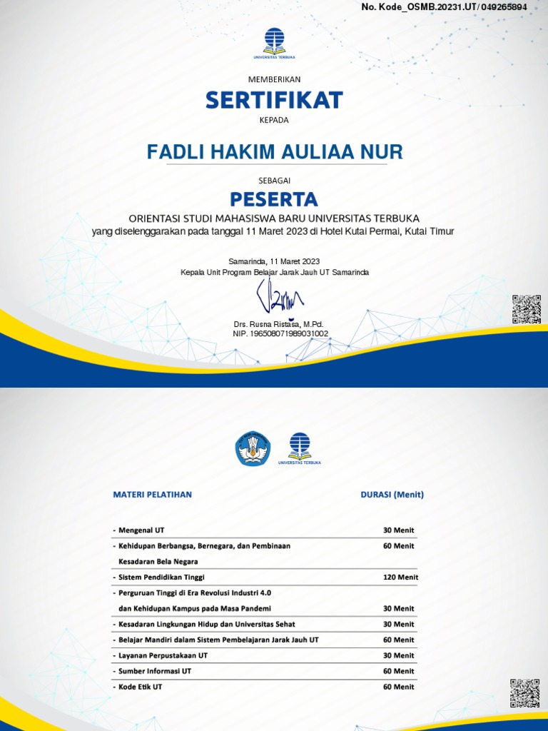 Sertifikat OSMB UT 2023 Samarina | PDF