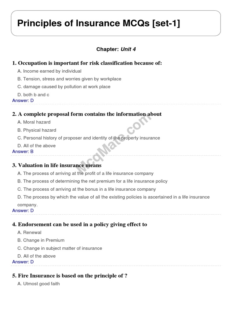Principles of Insurance MCQs Set 1 | PDF | Business | Finance & Money ...