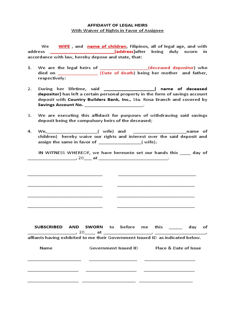 Affidavit of legal heirs sample pdf