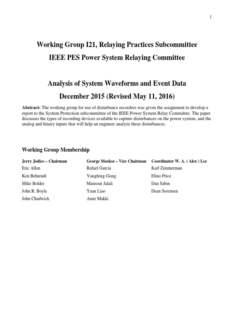 Working Group I21, Relaying Practices IEEE PES Power