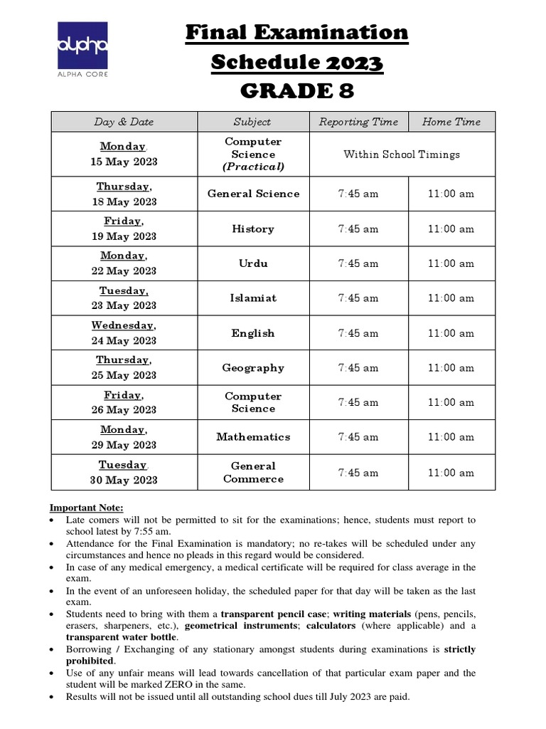 Grade 8 Final Exam Schedule and Syllabus 2023 PDF