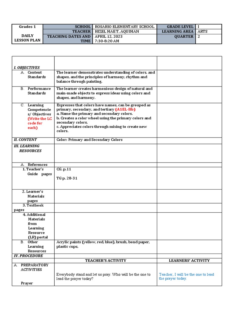 Grade 1 Art Lesson Plan: Colors | PDF
