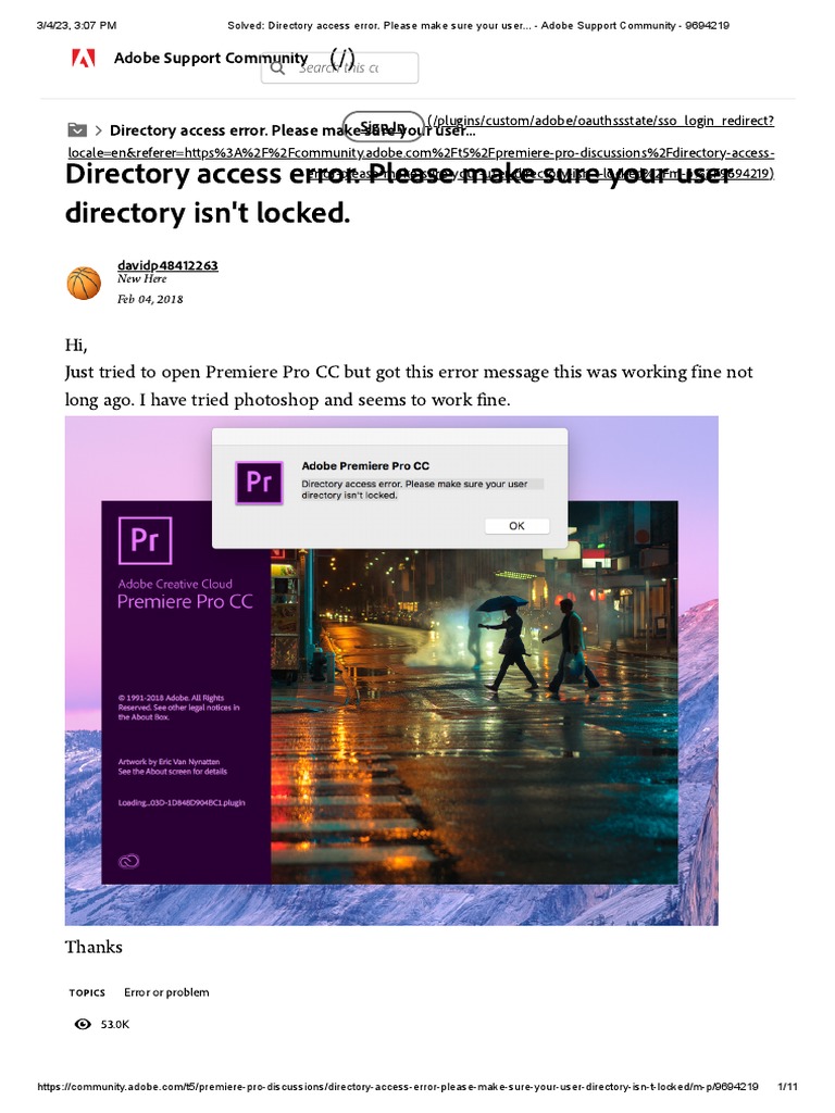 Solved - Directory Access Error. Please Make Sure Your User... - Adobe ...