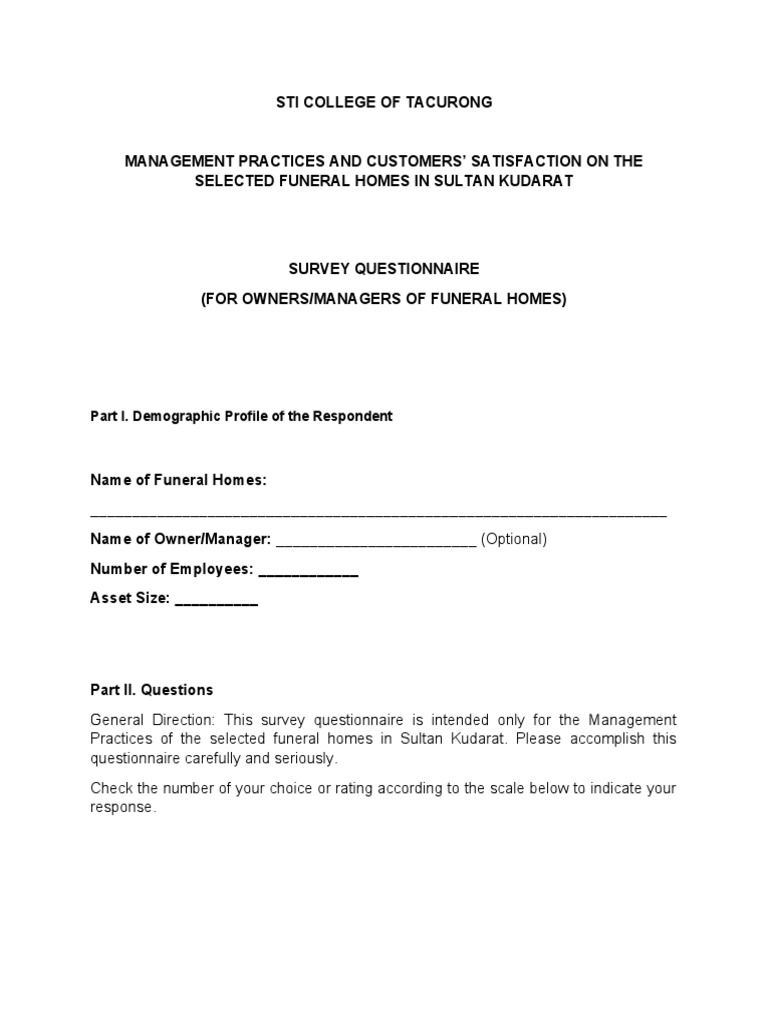 Final Questionnaire PDF Customer Satisfaction Funeral