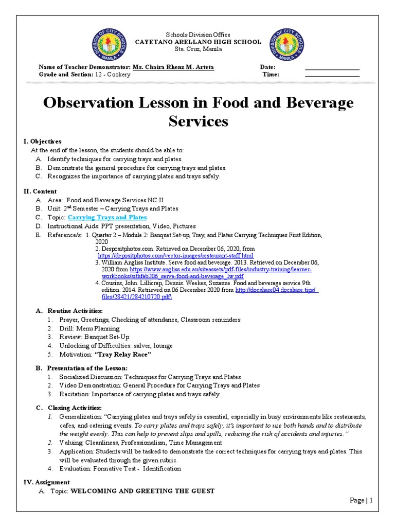 Lesson Plan In Carrying Trays And Plates Pdf