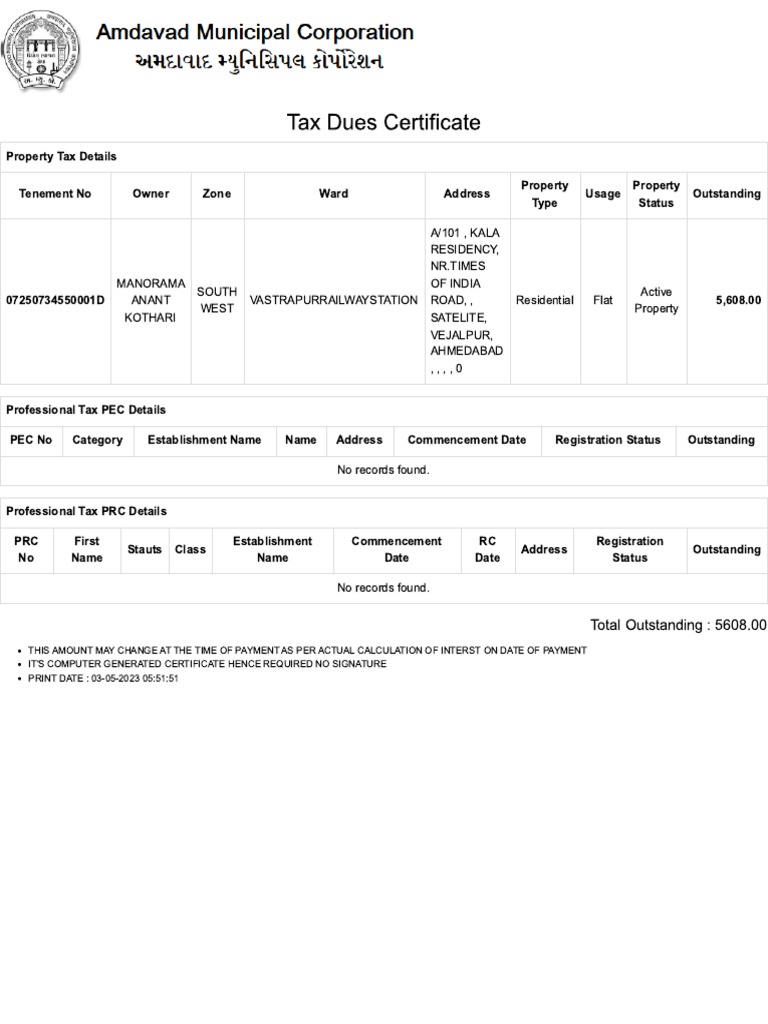 AMC Tax Due Certificate PDF