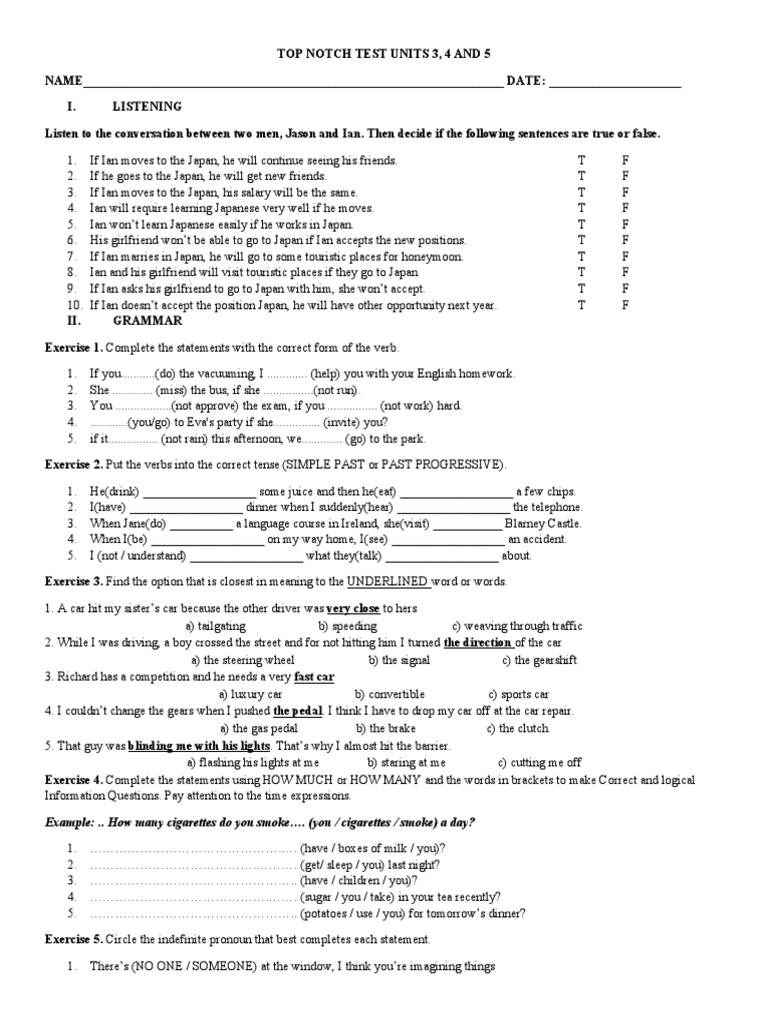 Top Notch Quiz Test Units 3,4,5 PDF