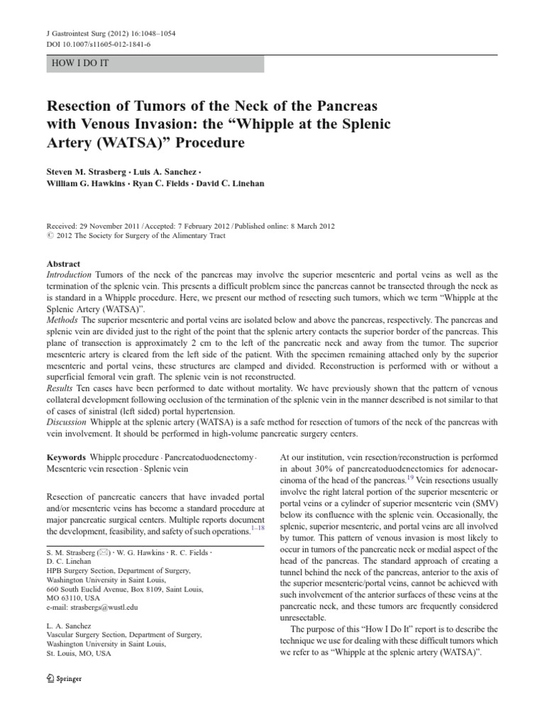 WATSA: Resection Technique for Pancreatic Tumors | PDF | Pancreas | Vein