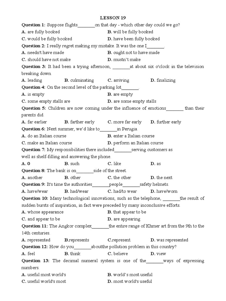 Key to English Grammar Exam: Multiple Choice Questions on Grammar Rules ...
