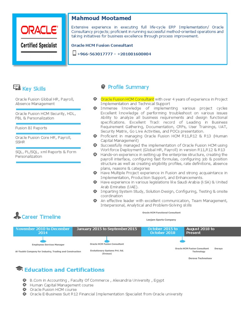 Oracle HCM Fusion Consultant Profile | PDF