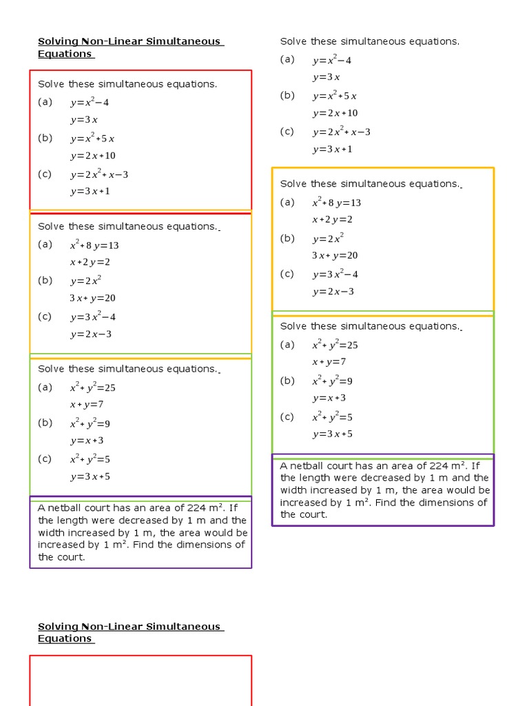 Solving Non Linear Simultaneous Equations Practice Strips PDF