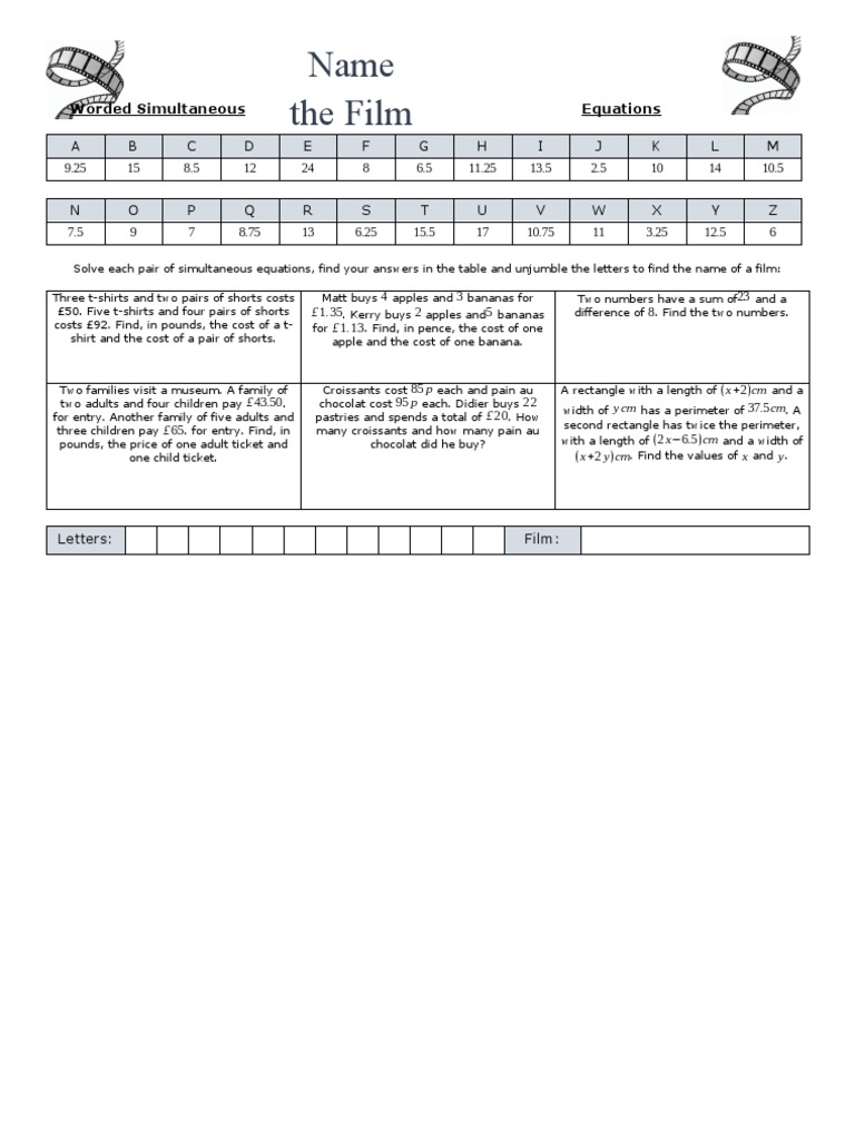 Worded Simultaneous Equations Name The Film Pdf