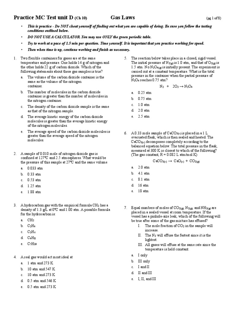 Gas Laws Practice Test Questions | PDF | Gases | Mole (Unit)