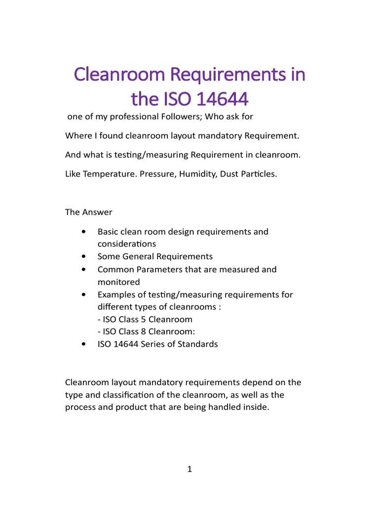 Clean Room Requirements As Per Iso 14644 PDF | PDF