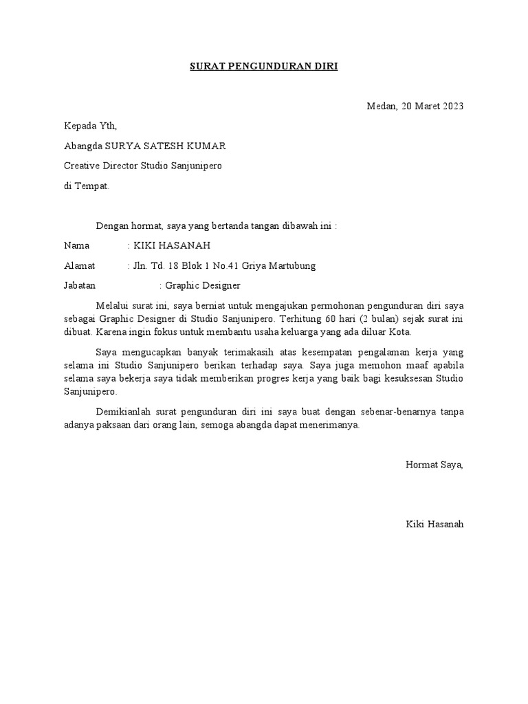 Surat Pengunduran Diri Kiki Hasanah | PDF | Karier & Perkembangan