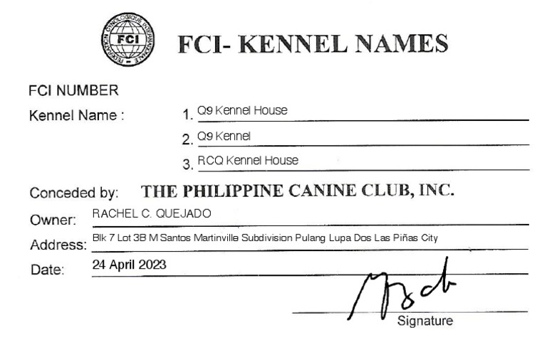 FCI Kennel Name Application PDF