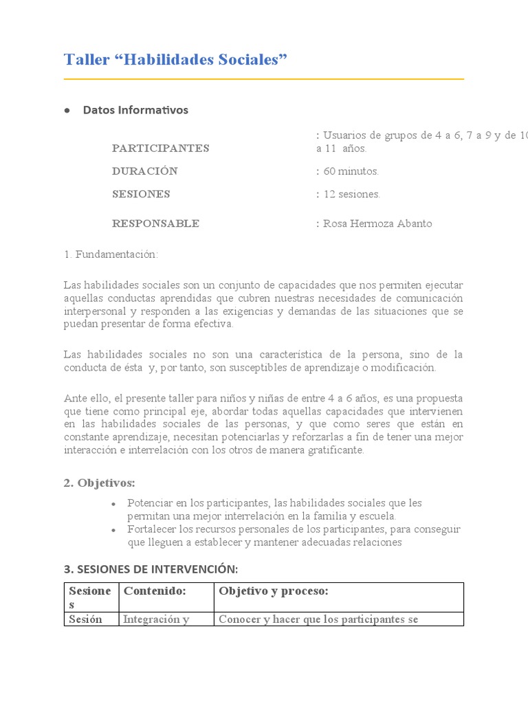 Taller Infantil de Habilidades Sociales | PDF | Crecimiento personal y ...