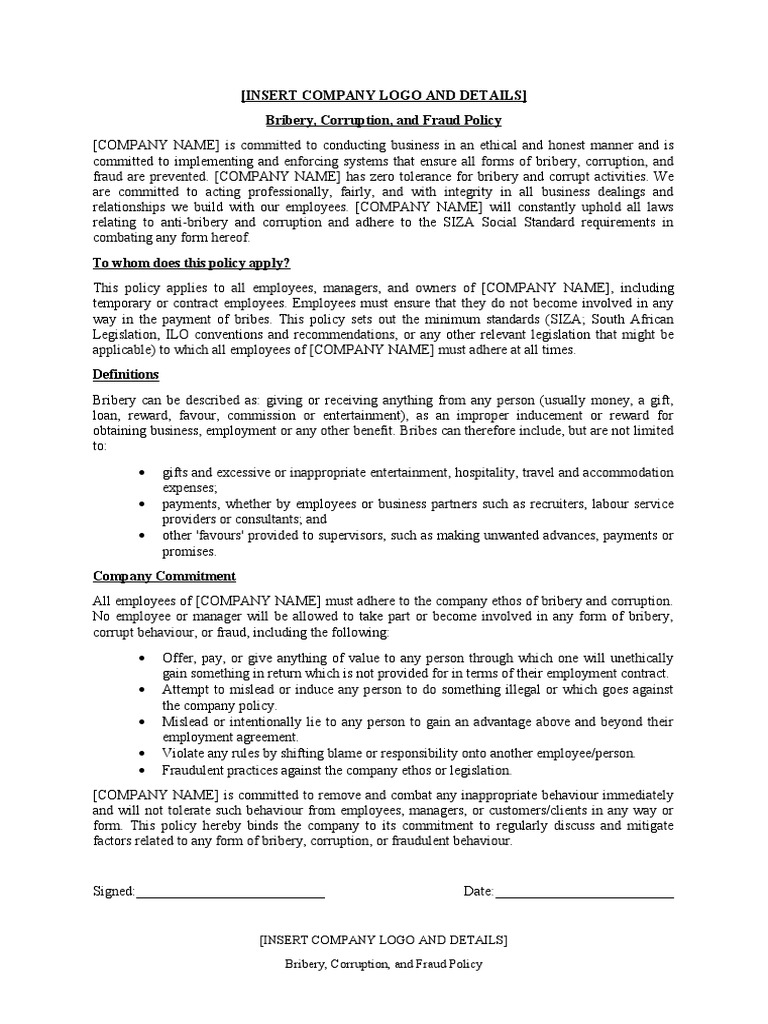Company bribery and corruption policy template download free pdf