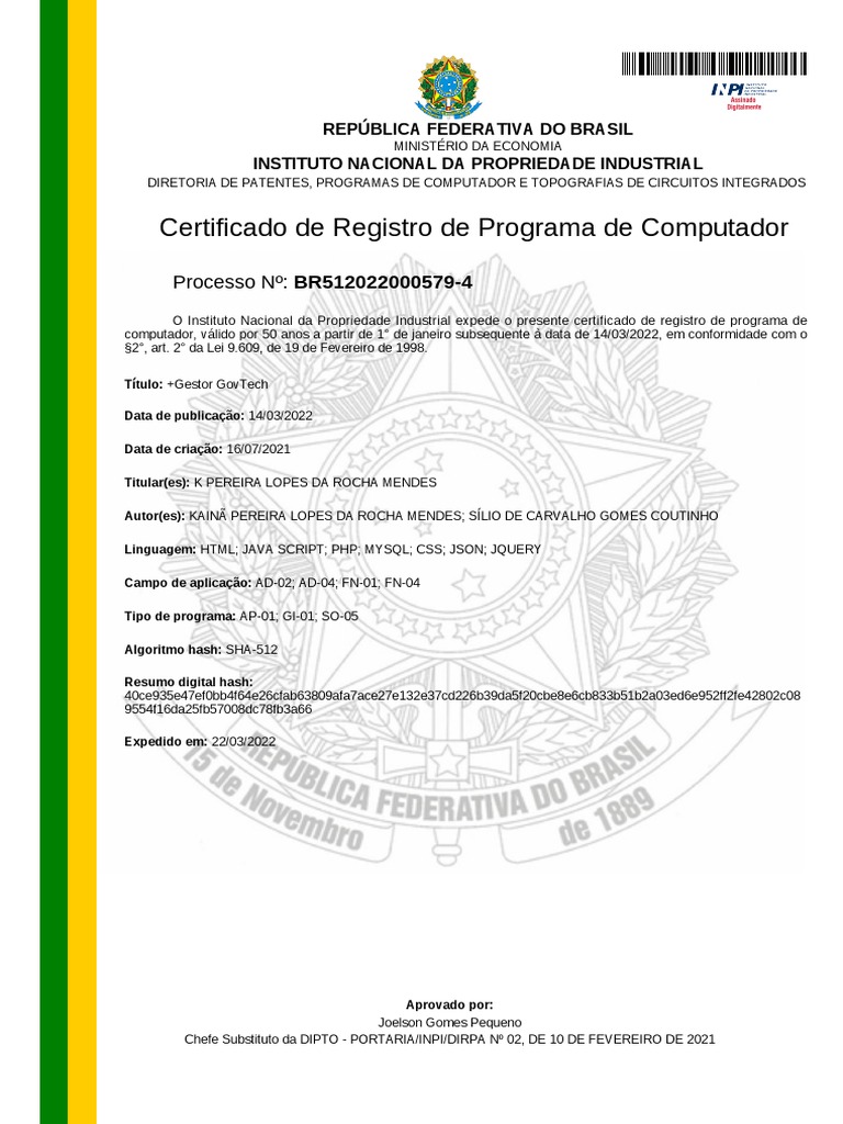 Inpi BR512022000579-4 | PDF