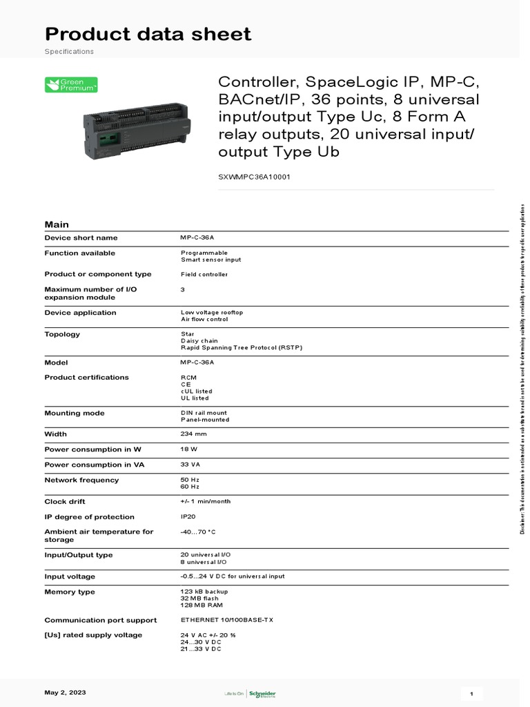 SpaceLogic MP-C 36 Controller Data Sheet | PDF