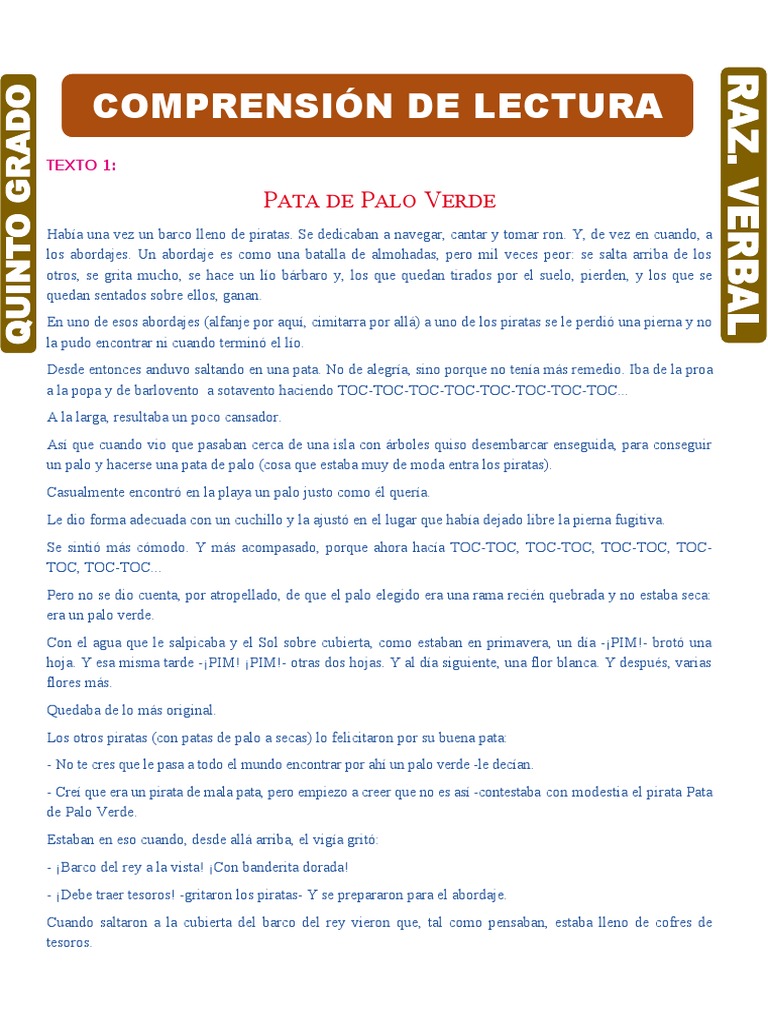 Comprensión de Lectura para Quinto Grado de Primaria PDF