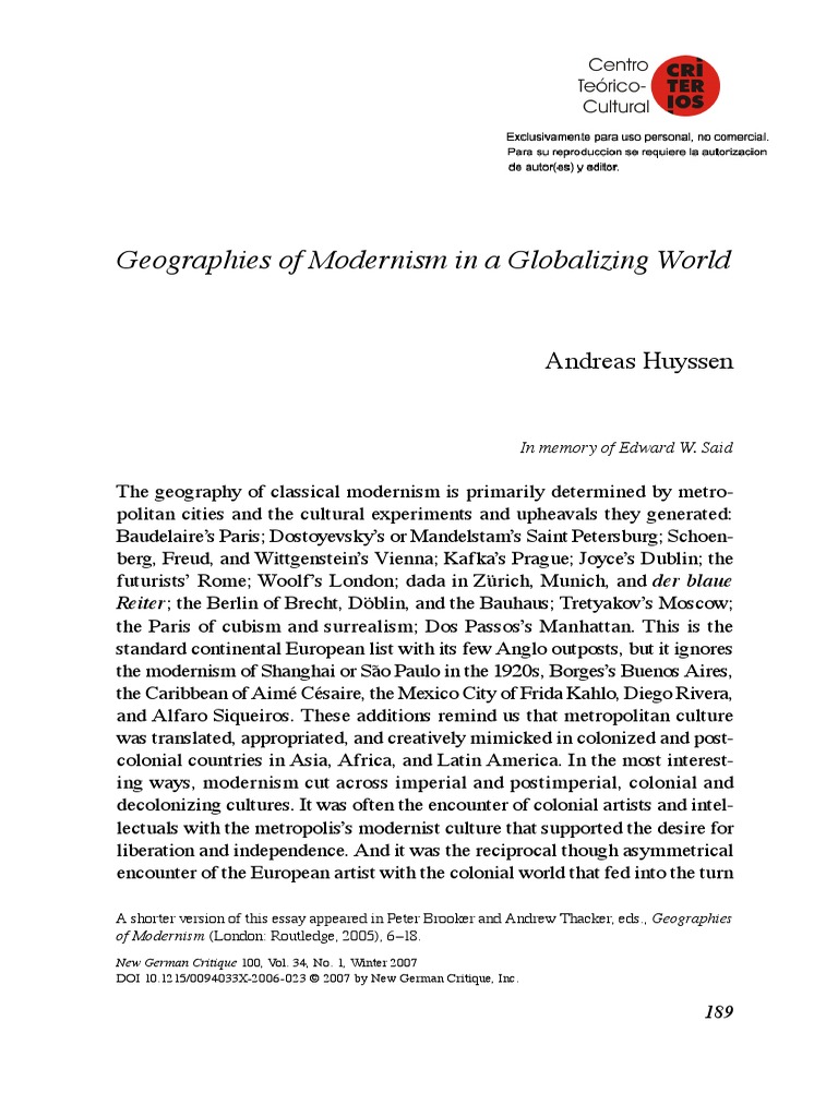 80 Huyssen Geographies of Modernism in A Globalizing World | PDF