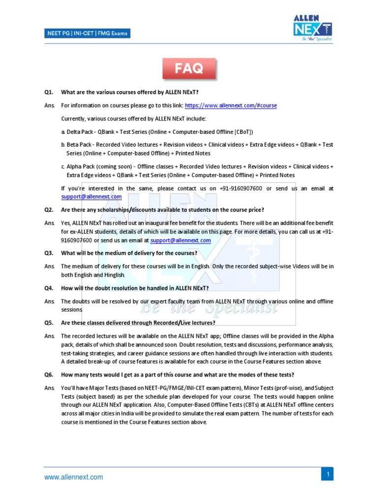 ALLEN NExT Course Offerings FAQ | PDF