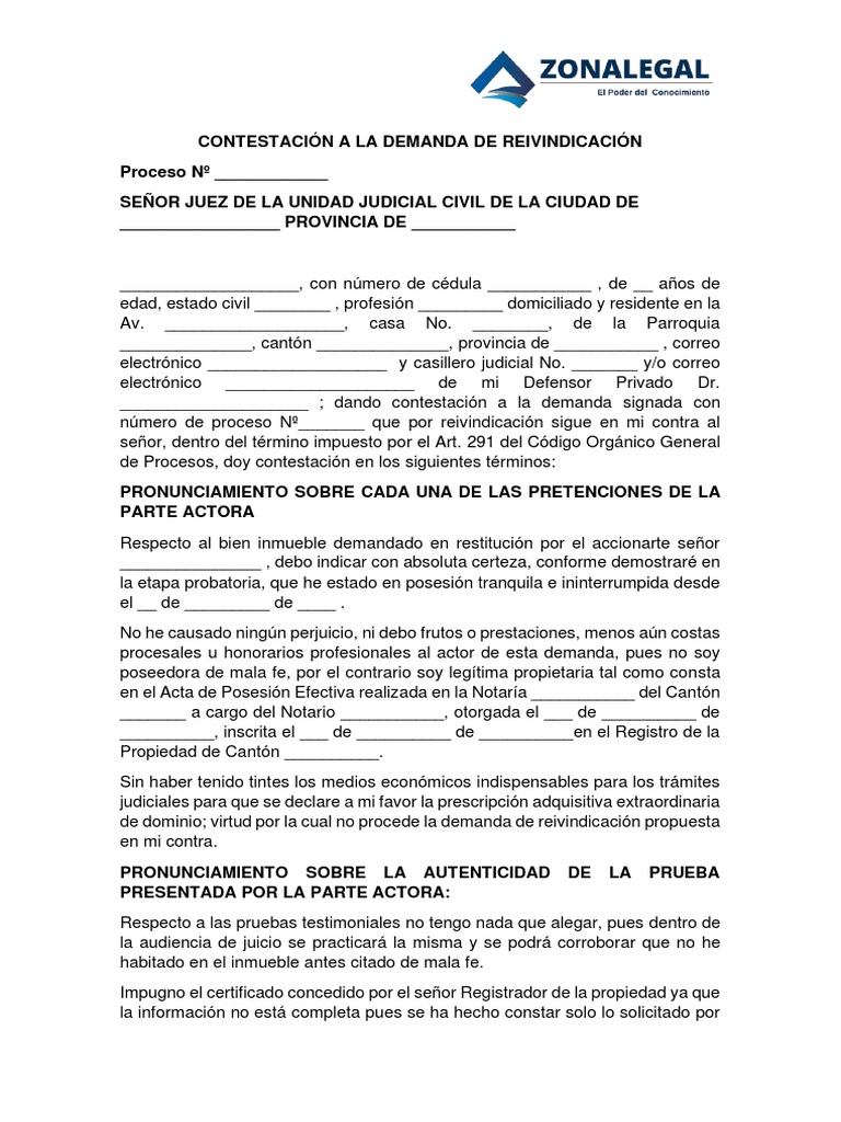 Contestación a Demanda de Reivindicación | PDF