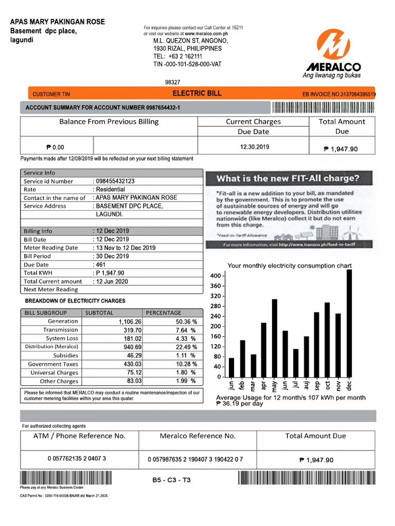 Electric Bill Breakdown for APAS Mary Pakingan | PDF