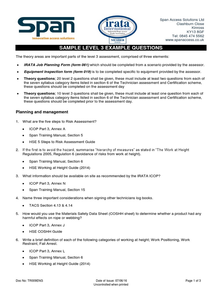 Sample Level 3 IRATA Exam Questions | PDF | Occupational Safety And ...