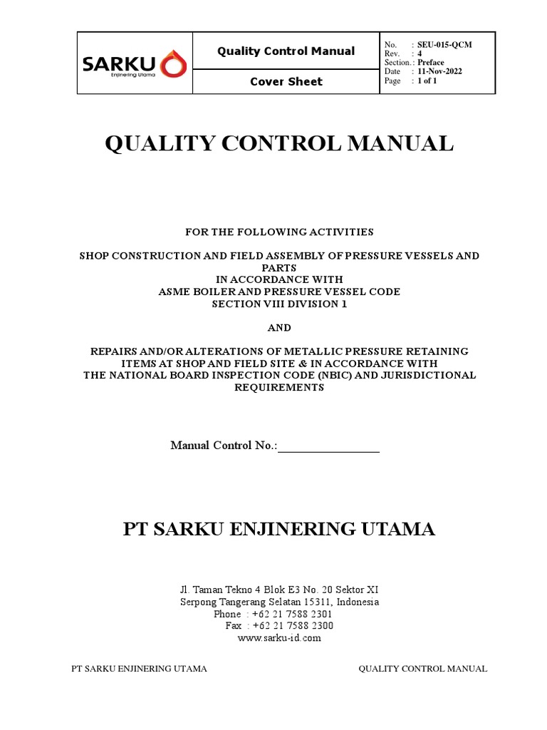 Quality Control Manual of PT Sarku Enjinering Utama (ASME JR) PDF Nondestructive Testing