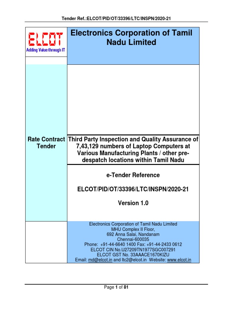 ELCOT Laptop Tender and Inspection Details | PDF