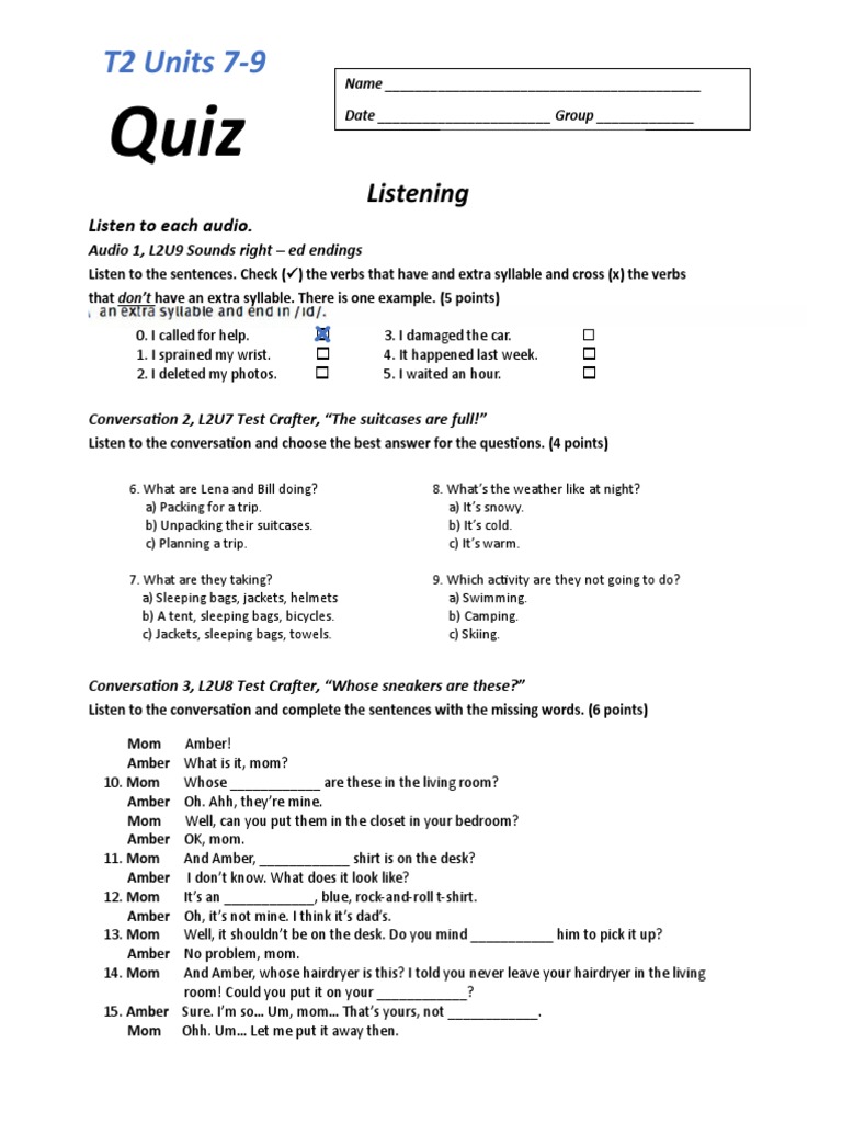 T2 Units 7-9 Listening Quiz Guide | PDF | Bedroom | Interior Design