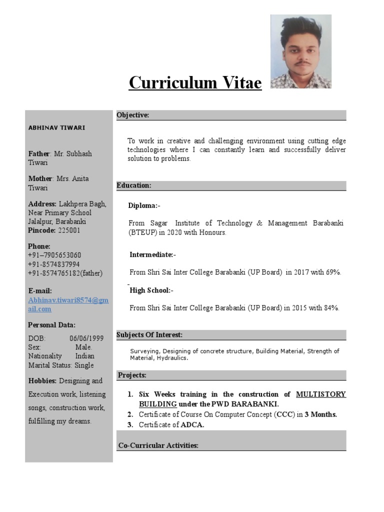Abhinav Tiwari Civil Engineering (CV) | PDF