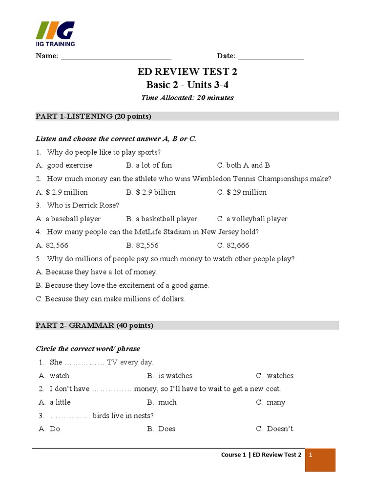 ED Review Test 2: Listening & Grammar | PDF | Sports & Recreation ...