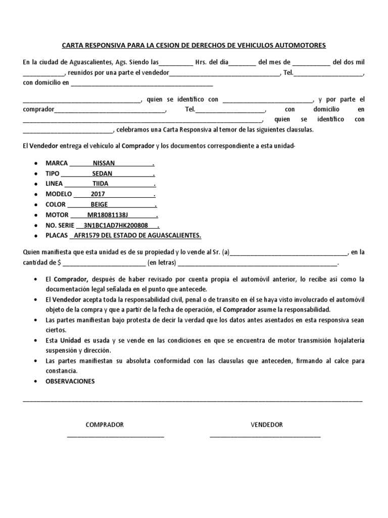 Carta de Cesión de Derechos Vehiculares | PDF | Finanzas y dinero